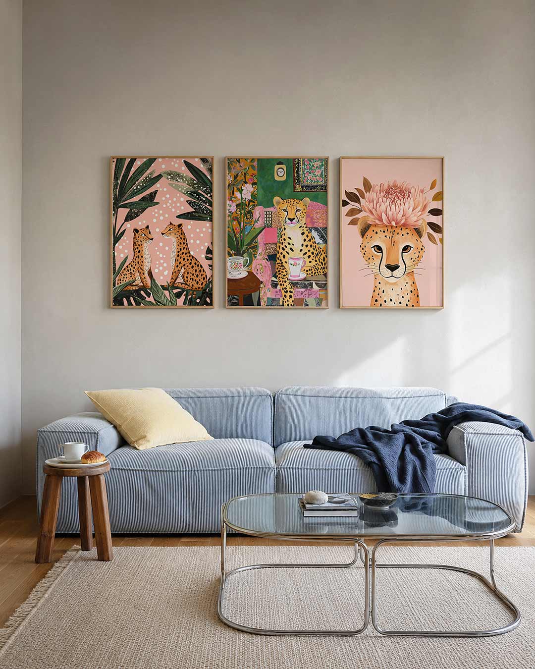 Jungle ontmoeting posterset – tweede productweergave – twee luipaarden zitten tegenover elkaar, omringd door grote