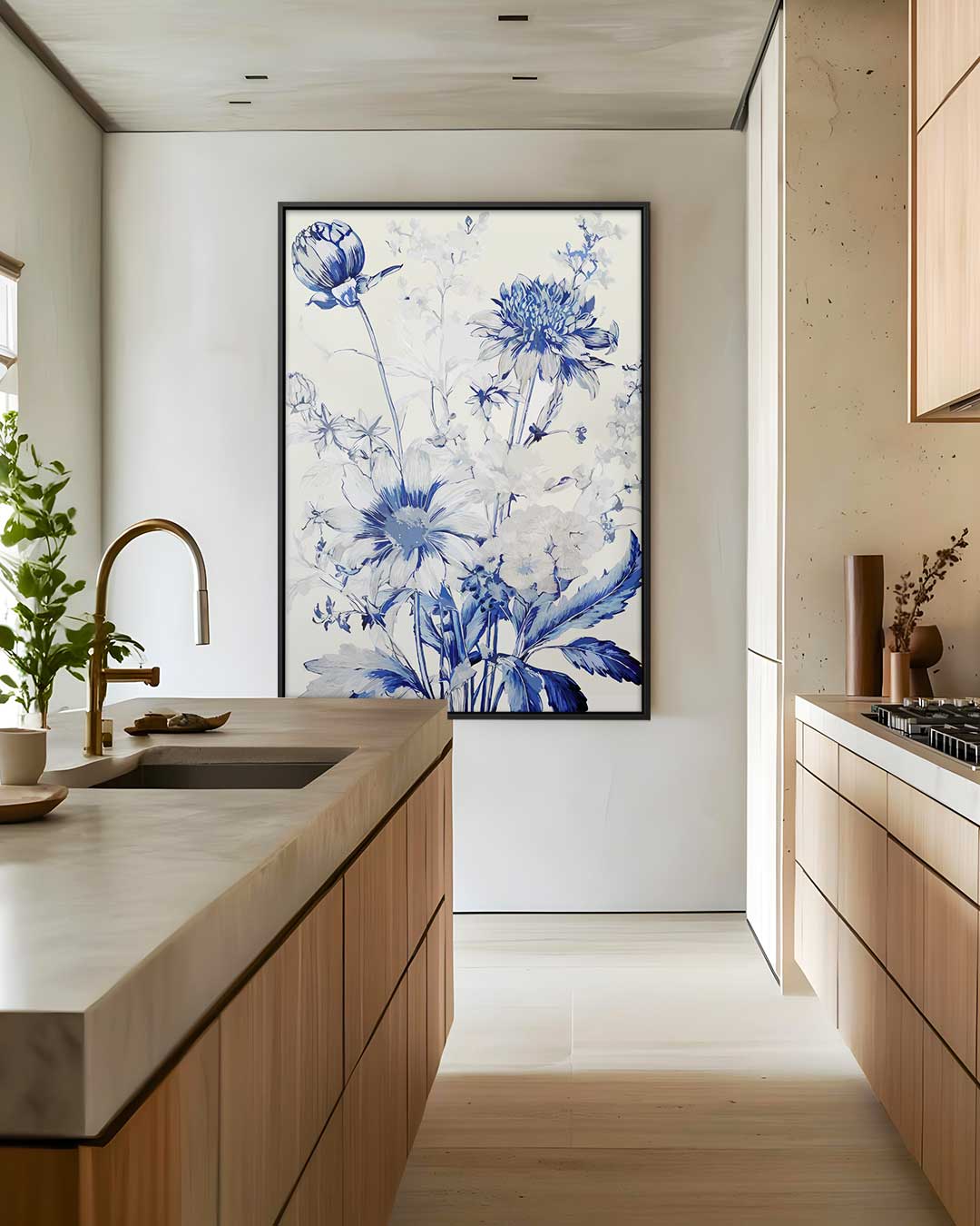 Bloemboeket in Blauw Kunstafdruk – plexiglas wanddecoratie in portret formaat