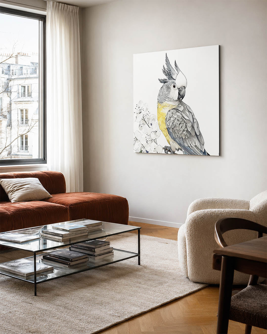 Vogels en bloemen kunstwerk – vierkante wanddecoratie – dit kunstwerk toont een gedetailleerde vogel met levendige veren