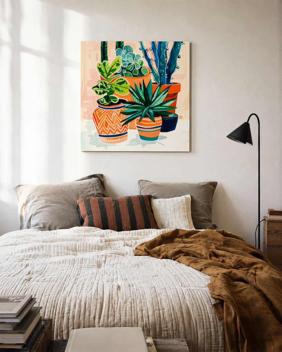 Levendige plantencompositie kunstwerk – detailweergave – dit werk toont een verzameling kleurrijke planten in potten. De