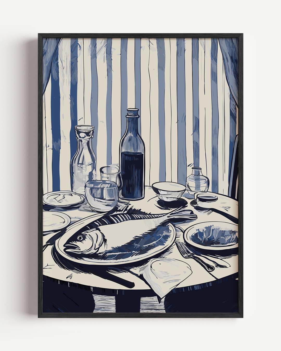 Elegante Tafelscène in Blauwtinten – keuken portret poster als wanddecoratie