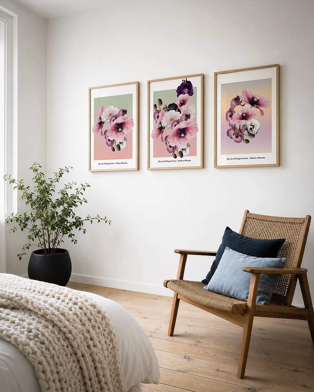 Bloemenharmonie posterset – derde productweergave – een delicate compositie van roze en witte bloemen tegen een