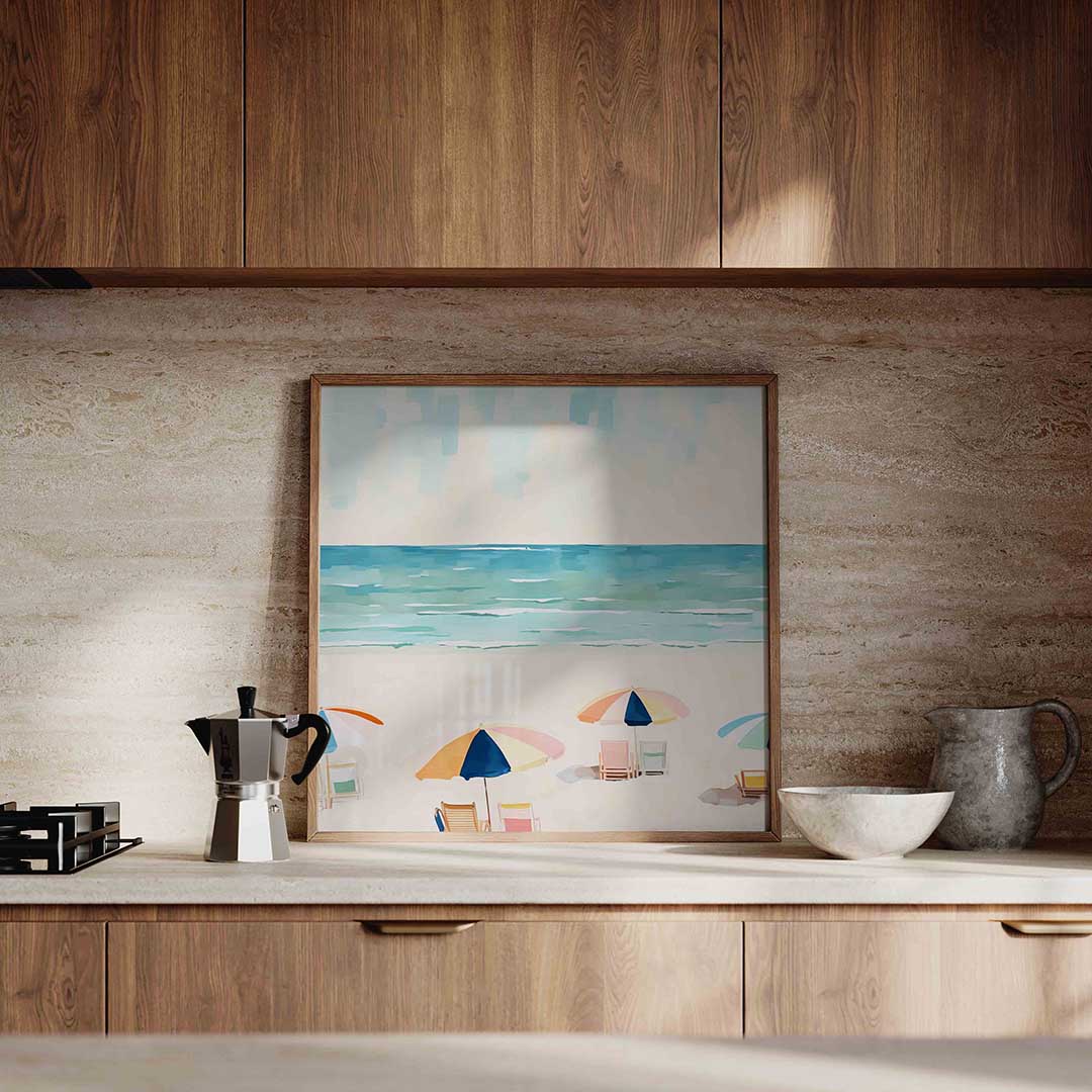 Strand met parasols – culinaire wandkunst als vierkante poster