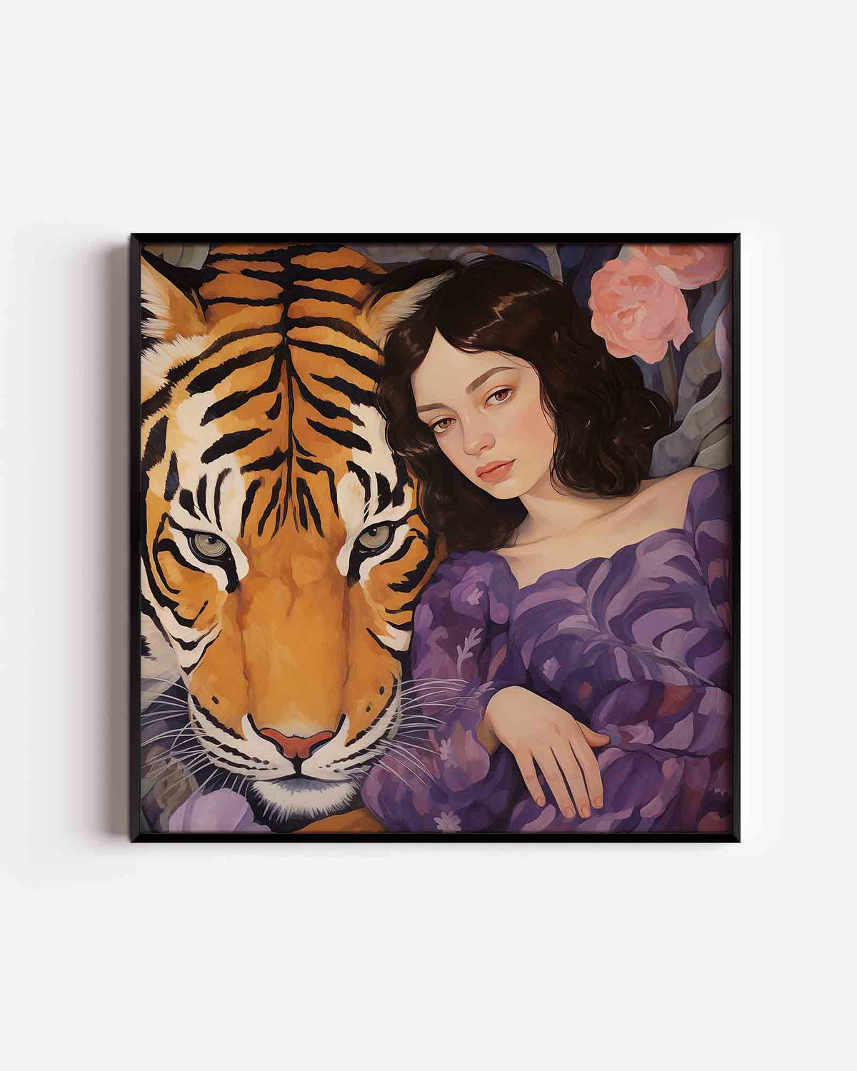 Tijger en vrouw – kleurrijke illustratie poster als wanddecoratie