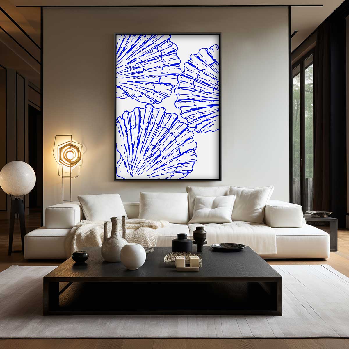 Blauwe schelpenpatroon – kunstwerk met zwarte baklijst