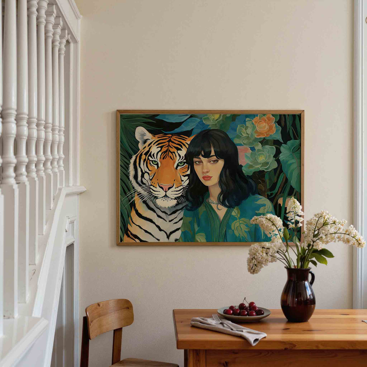 Tijger en vrouw – dieren poster in liggend formaat