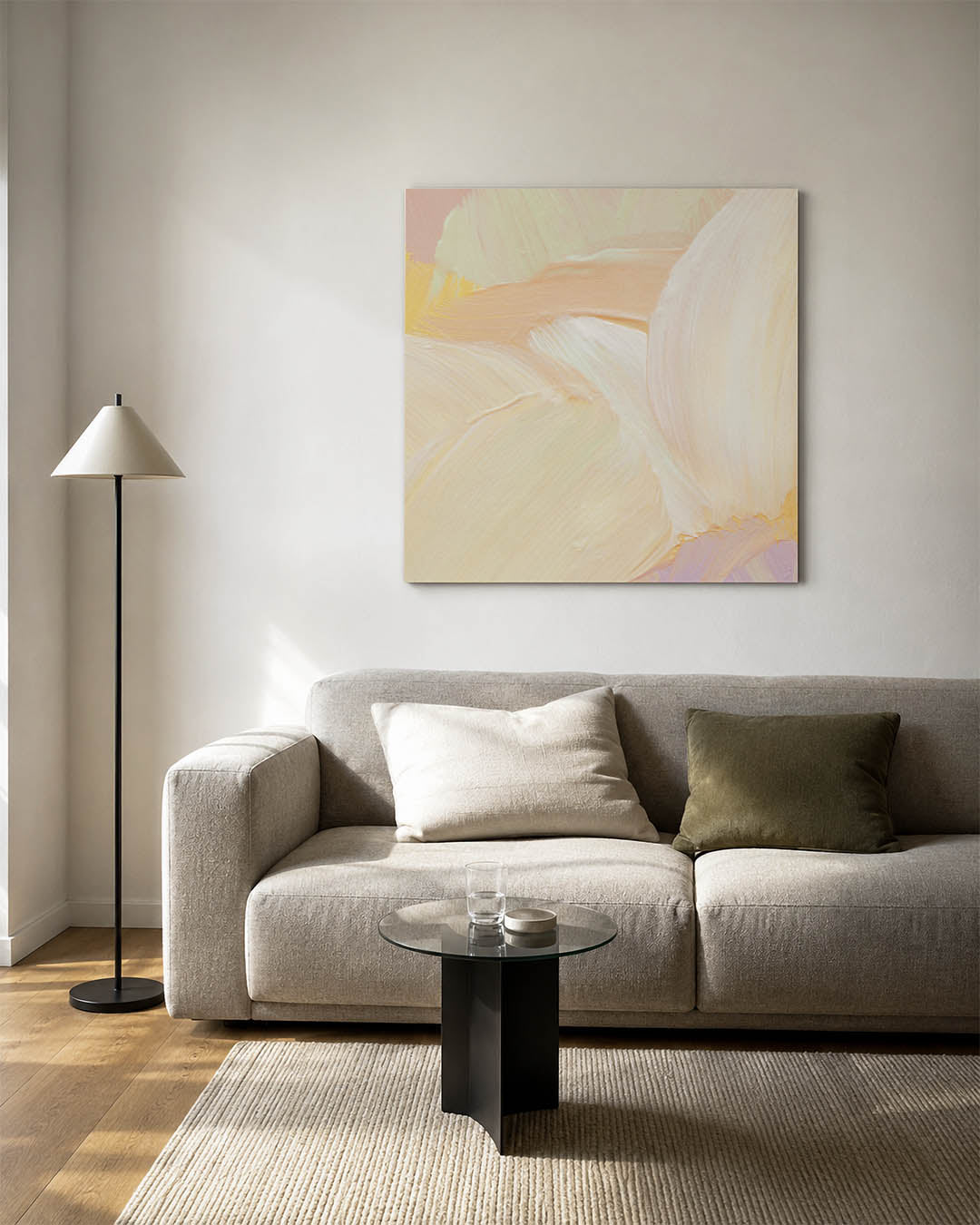 Zachte kleuren harmonie kunstwerk – detailweergave – dit werk toont vloeiende penseelstreken in zachte pastelkleuren, met een