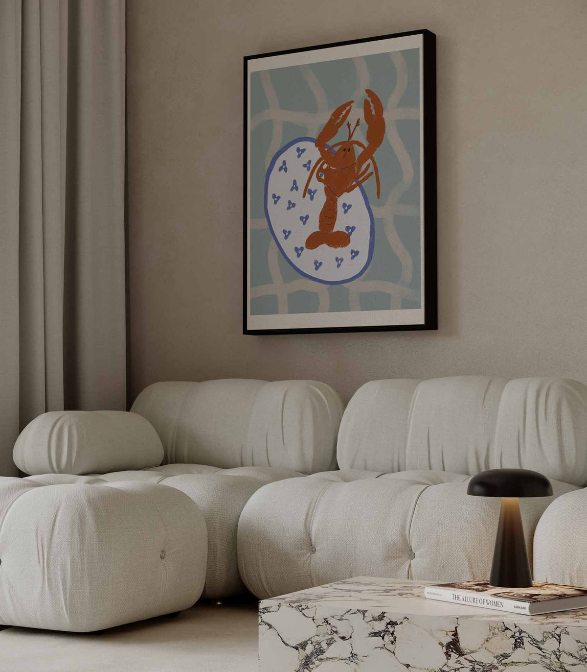 Dansende Kreeft op Servies – plexiglas wanddecoratie in portret formaat