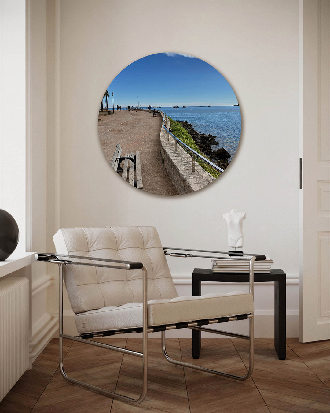 Zeezicht promenade – fotografie muurcirkel als ronde wanddecoratie
