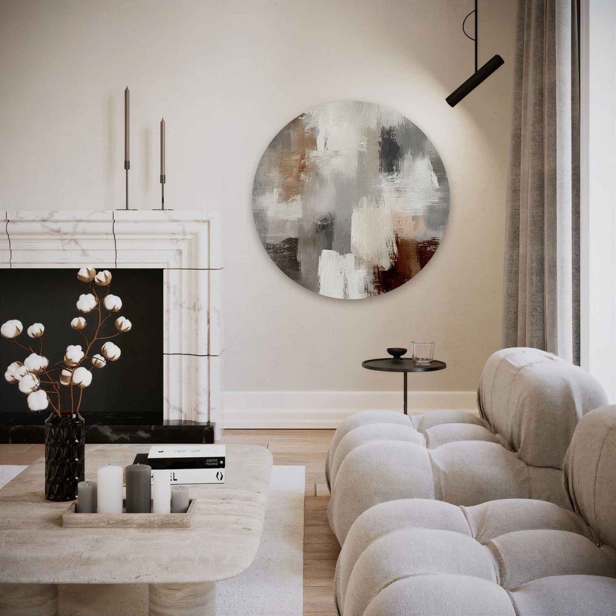 Abstracte beige en grijze – abstracte muurcirkel als ronde wanddecoratie