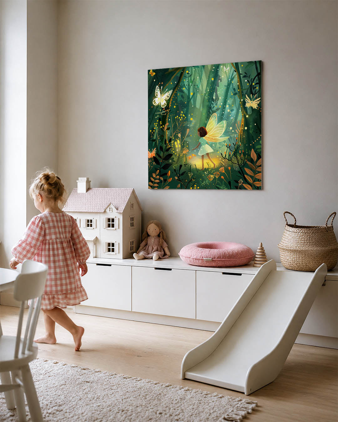 Sprookjesachtig bos kunstwerk – tweede productweergave – een tafereel met een figuur in een verlicht bos, omringd door