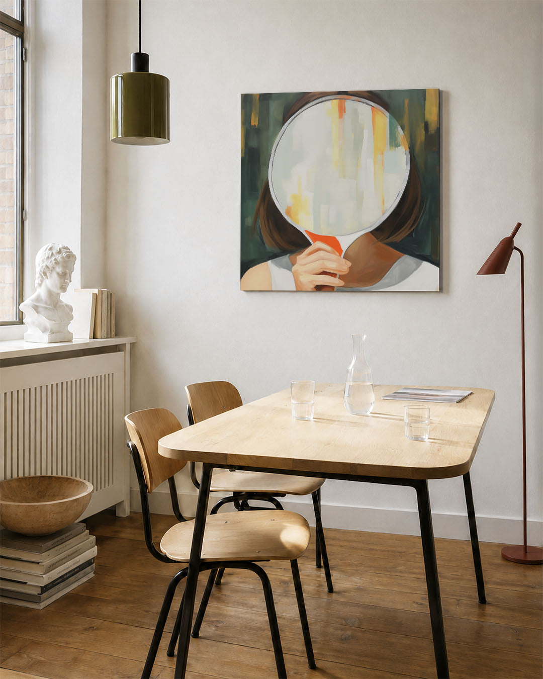 Reflectie en vervaging kunstwerk – vierkante wanddecoratie – dit werk toont een persoon die een spiegel vasthoudt, met