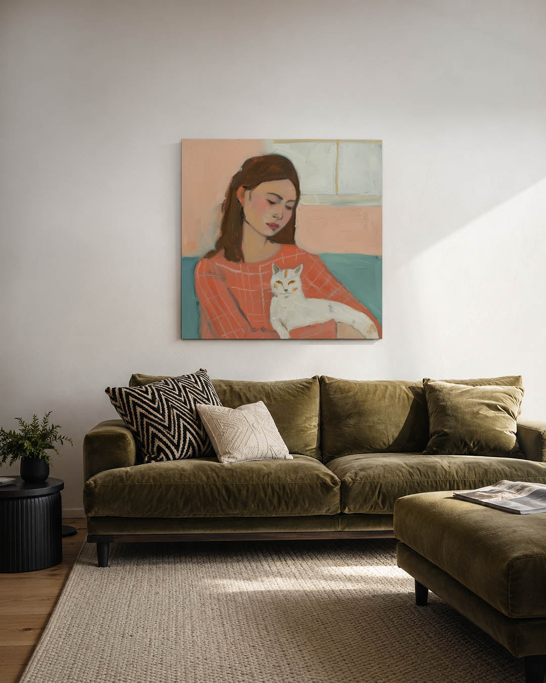 Vrouw met kat kunstwerk – derde productweergave – dit kunstwerk toont een vrouw met een kat op schoot. De zachte kleuren en