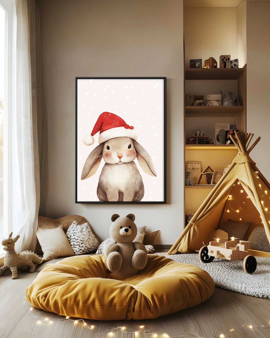Kerstkonijn met Rood Mutsje – staand kunstwerk voor modern interieur