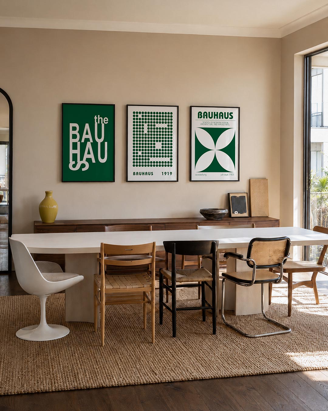Typografisch spel posterset – tweede productweergave – witte letters dansen op een donkergroene achtergrond. De compositie
