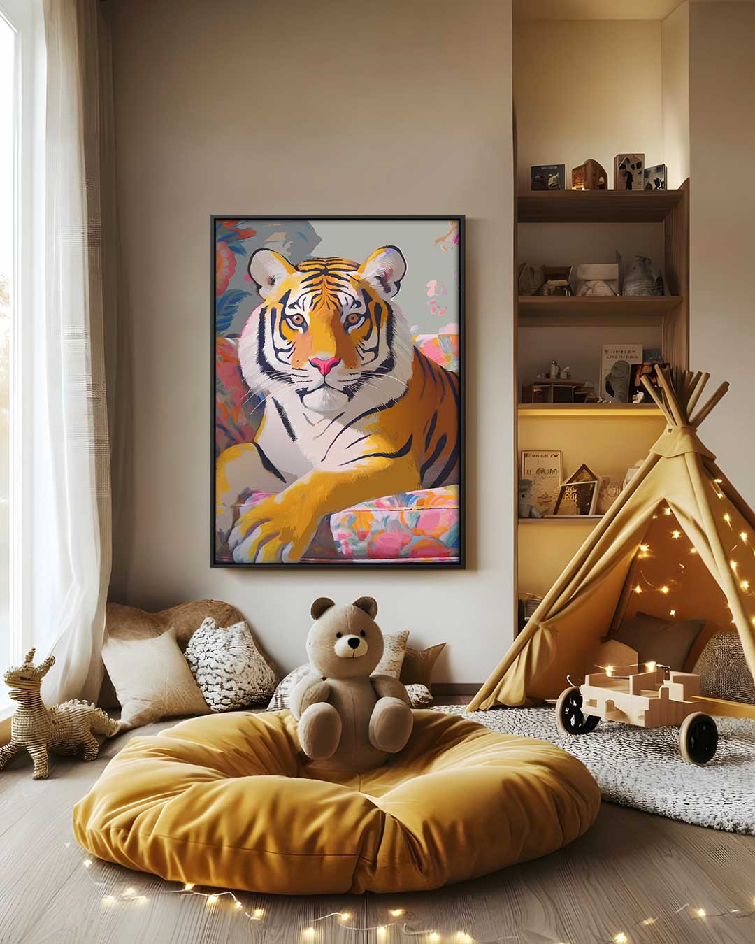 Tropische Tijger in Bloemenpracht – canvas wanddecoratie in portret formaat
