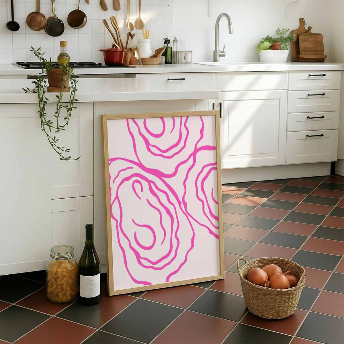 Moderne Pastel Oyster Print – staande muurposter voor keuken of eethoek