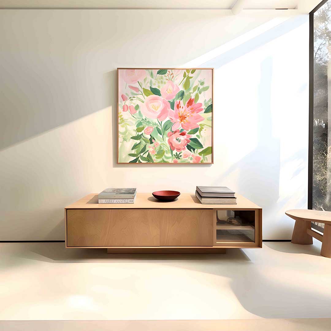 Bloemen in zachte tinten – vierkante bloemen wanddecoratie van WallArtistic