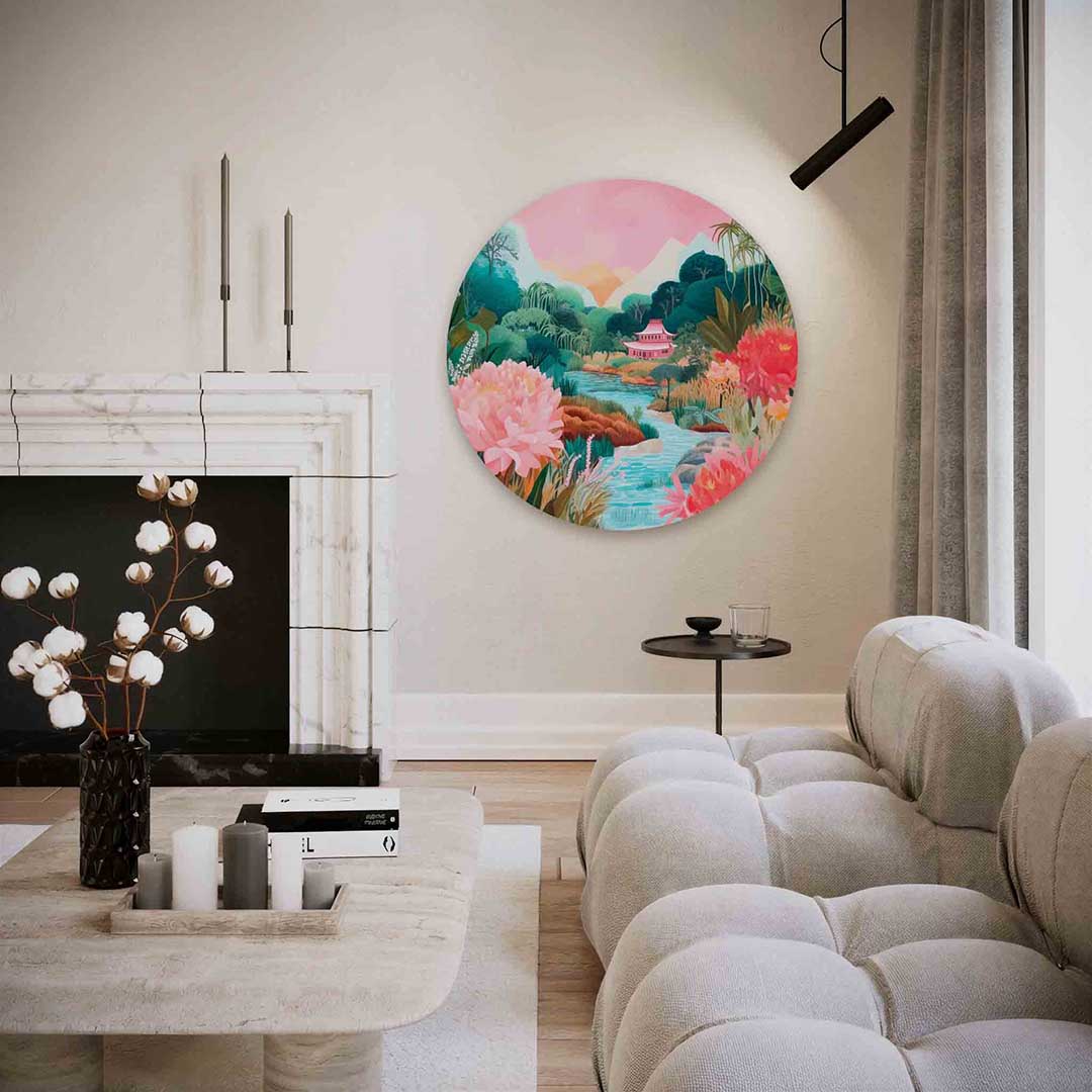 Landschap met bloemen en tempel – abstracte textuur muurcirkel als wanddecoratie