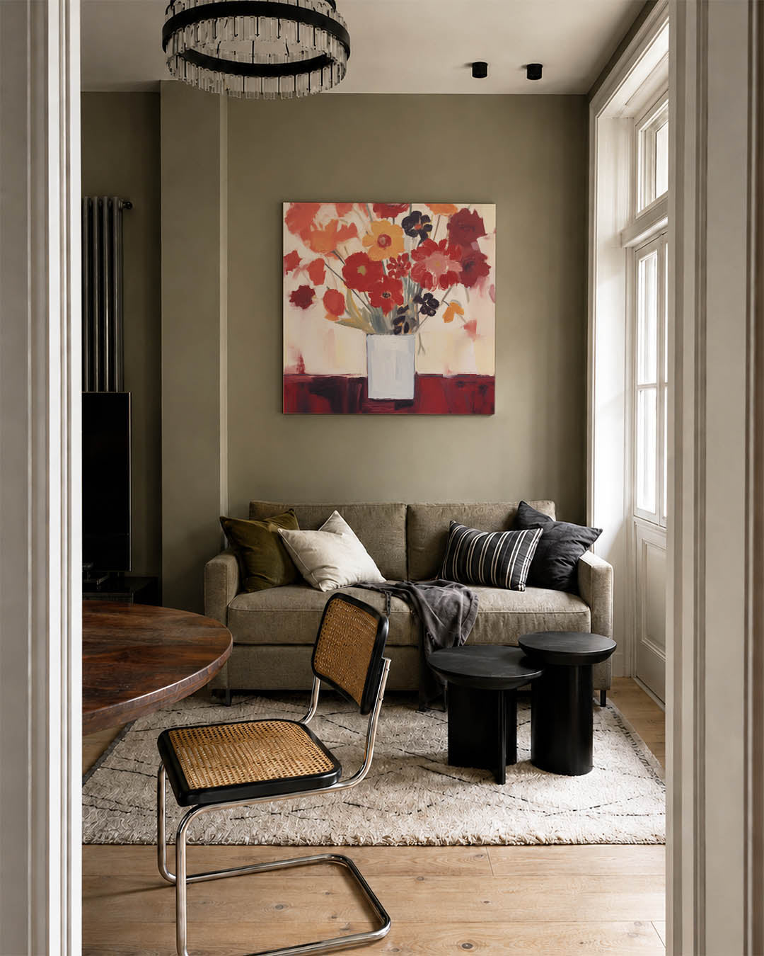 Compositie kunstwerk – tweede productweergave – dit werk toont een boeket bloemen in een vaas. De warme kleuren en vloeiende