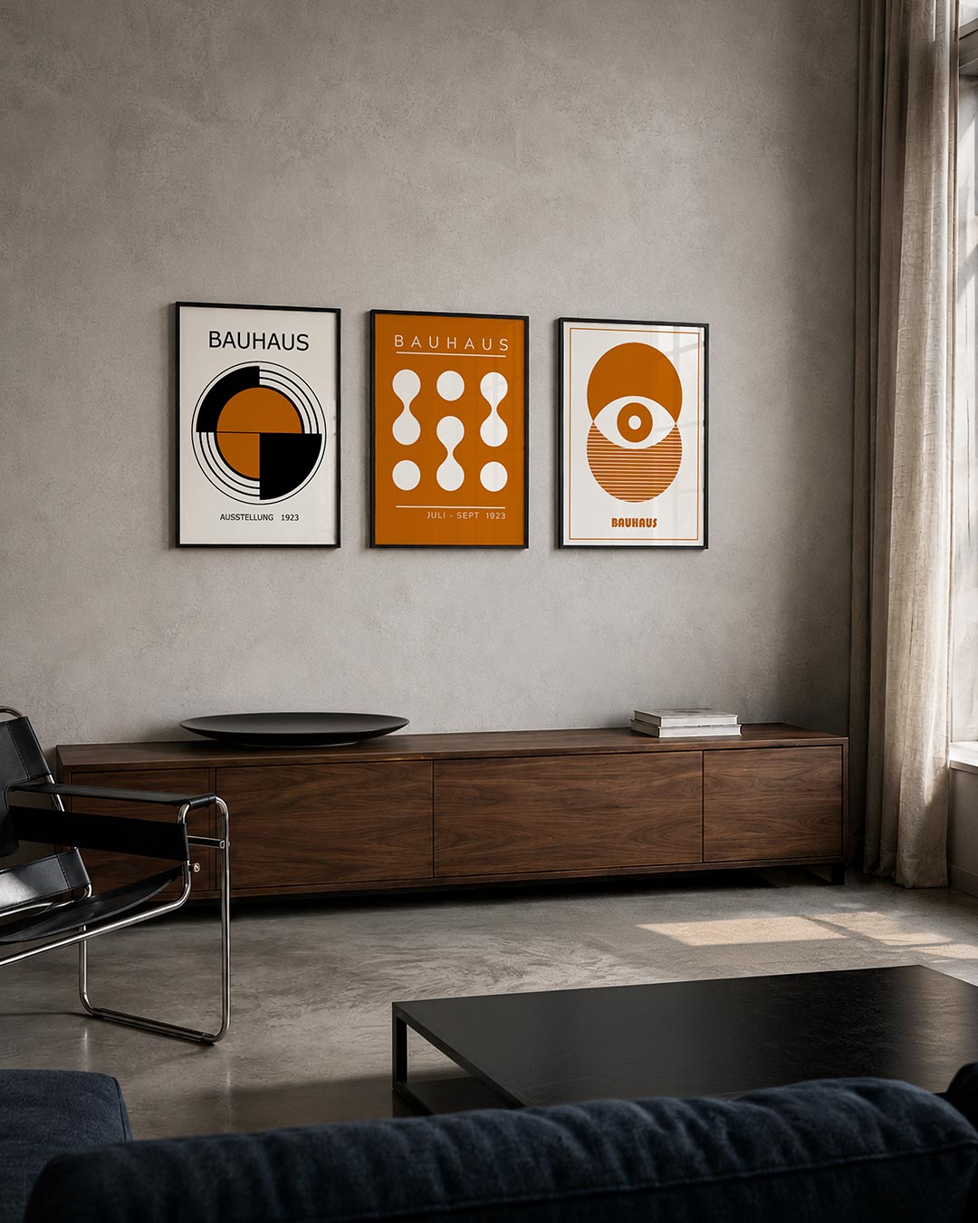 Cirkel en lijnen posterset – tweede productweergave – deze posterset in drie delen toont een centrale cirkel in warm oranje