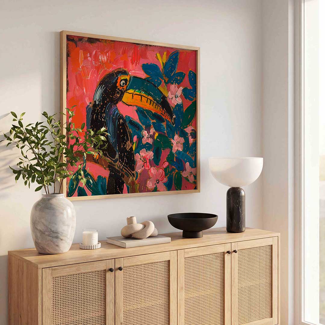 Toekan en bloemen – vierkante jungle wanddecoratie van WallArtistic