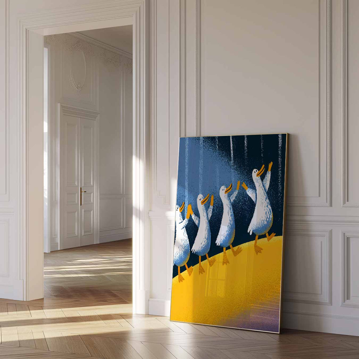 Dansende Eenden Parade – dierenposter als moderne staande wanddecoratie