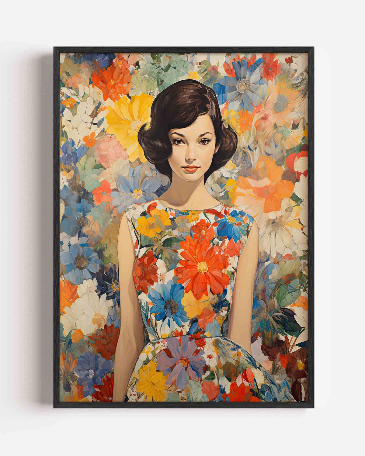 Vrouw met bloemenjurk – botanische portret poster als wanddecoratie
