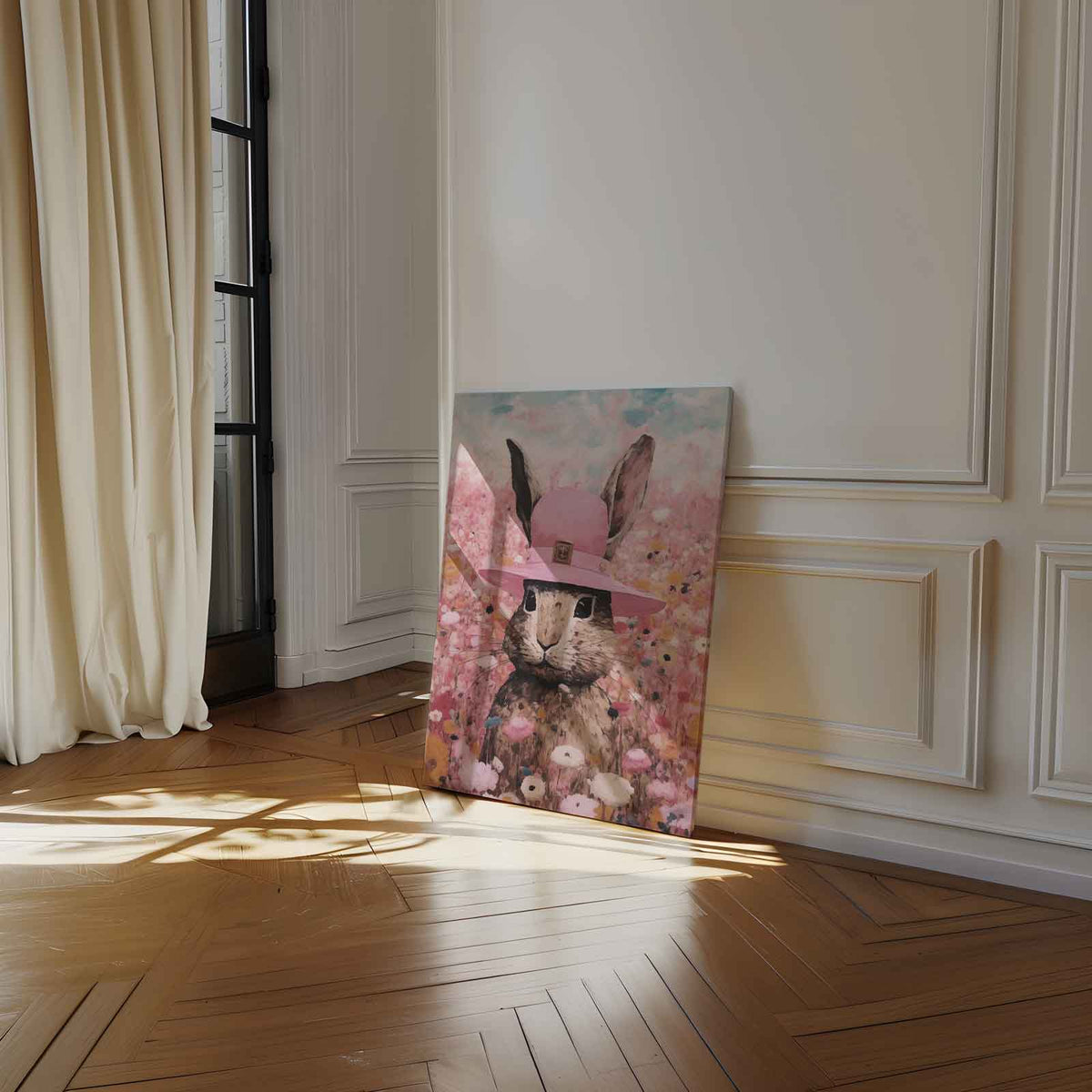 Konijn in Bloemenparadijs – dibond kunstwerk als wanddecoratie