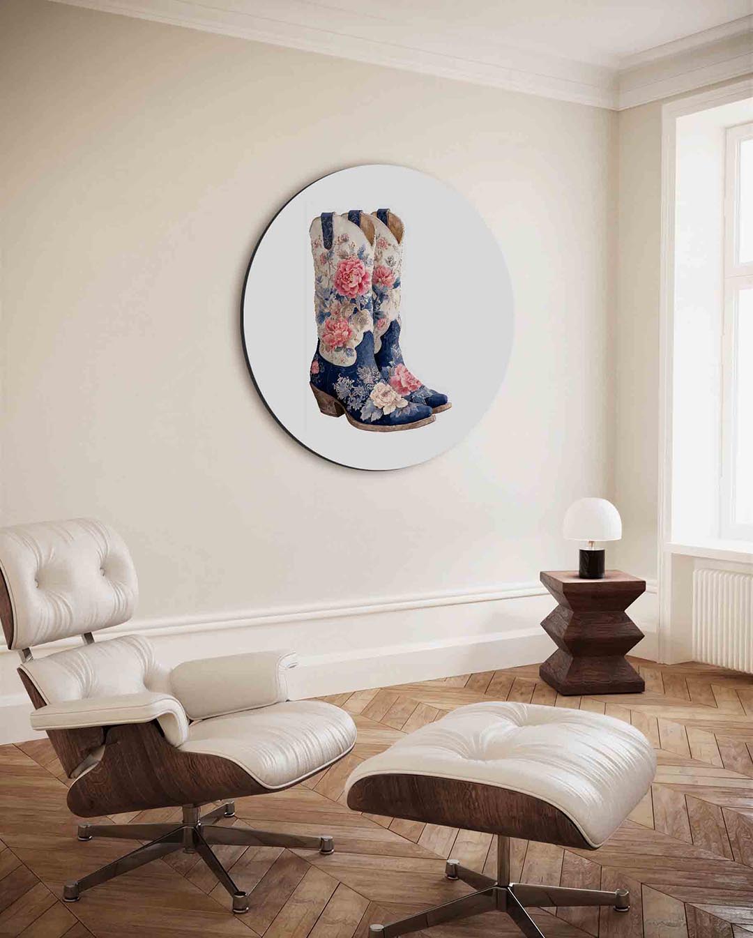 Bloemenlaarzen – ronde Pop Art wanddecoratie van WallArtistic