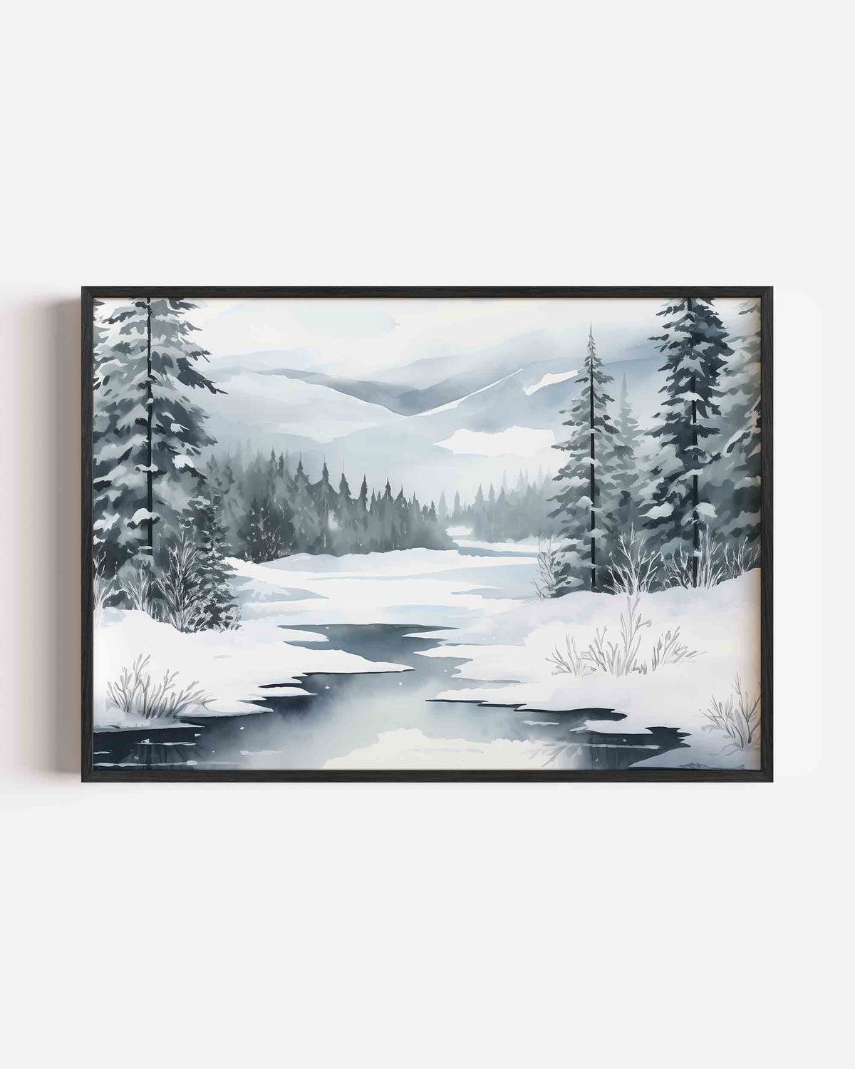 Winterlandschap met besneeuwde bomen – hedendaagse illustratie poster in landscape formaat