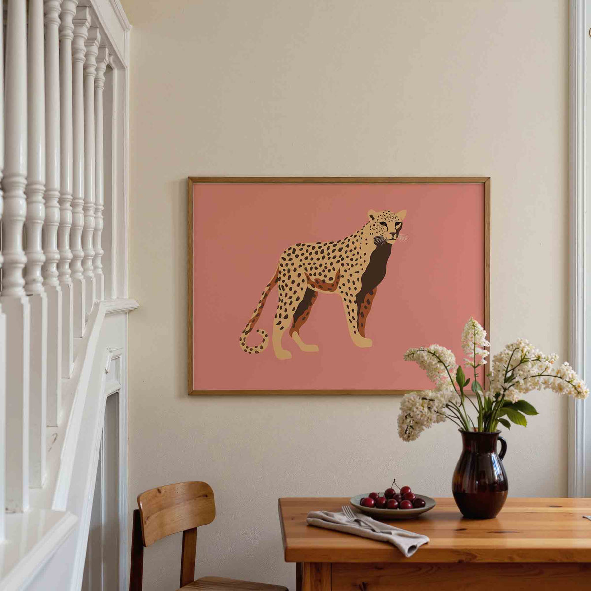 Luipaard op roze – dieren poster in liggend formaat