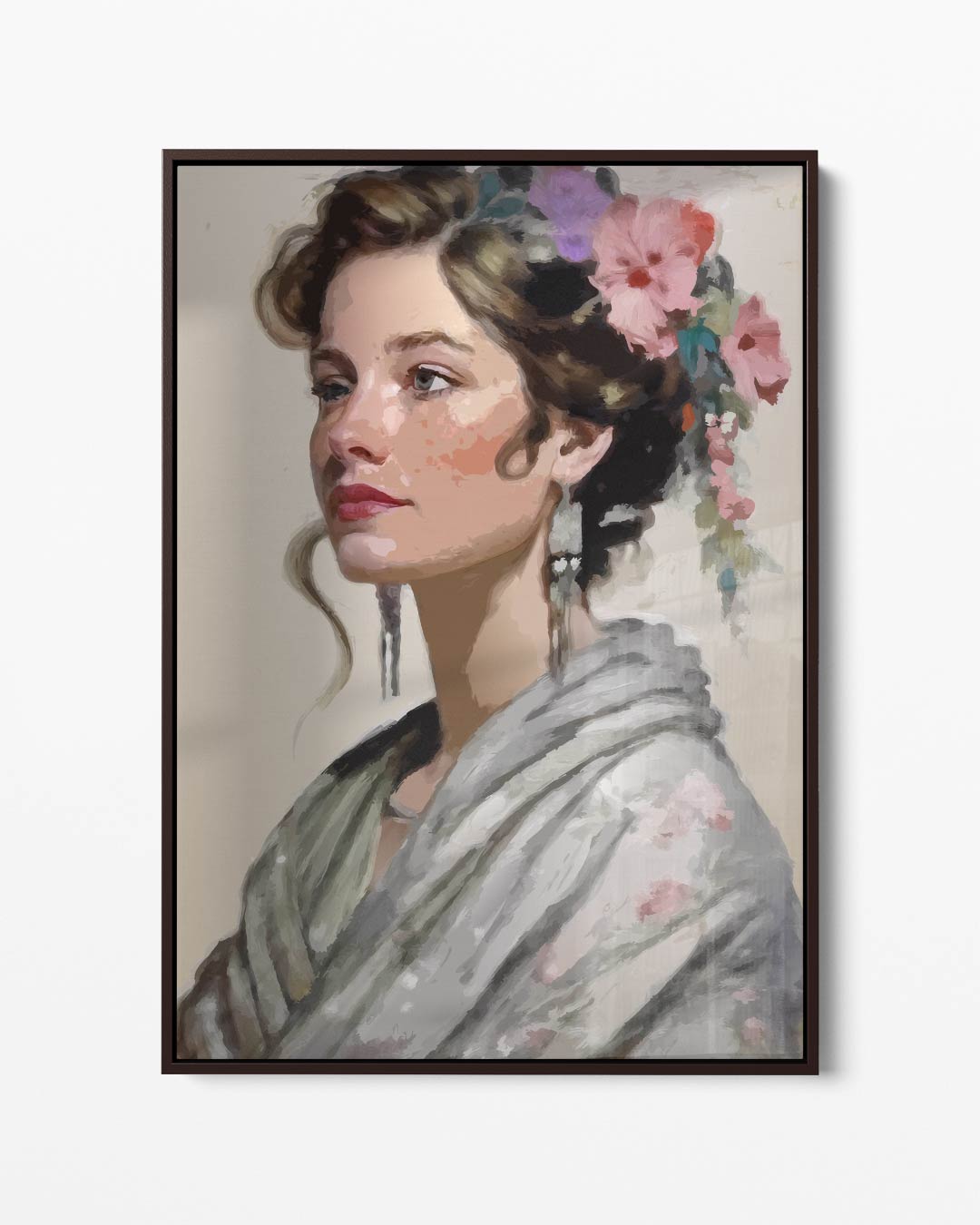 Elegant Portret van een Vrouw met Bloemen – portret kunstwerk als wanddecoratie