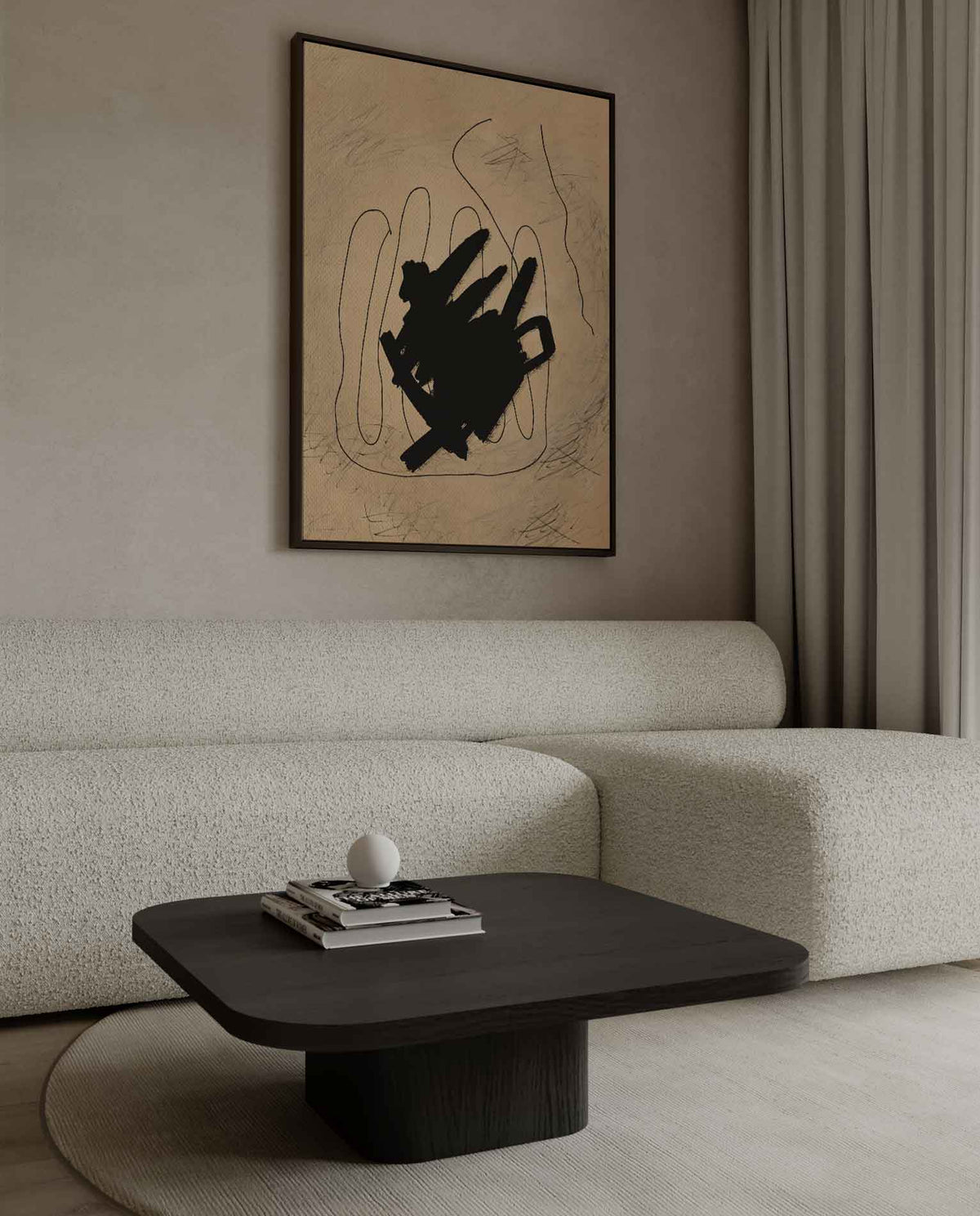 Abstracte Expressie in Zwart en Beige – canvas kunstwerk als wanddecoratie
