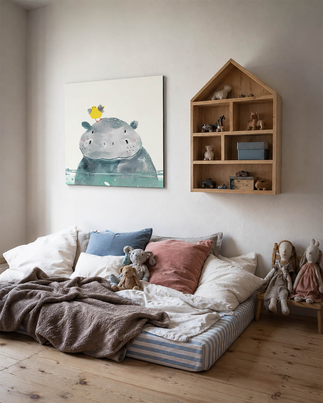 Dierenvrienden illustratie kunstwerk – derde productweergave – een speelse illustratie van een nijlpaard met een vrolijk geel