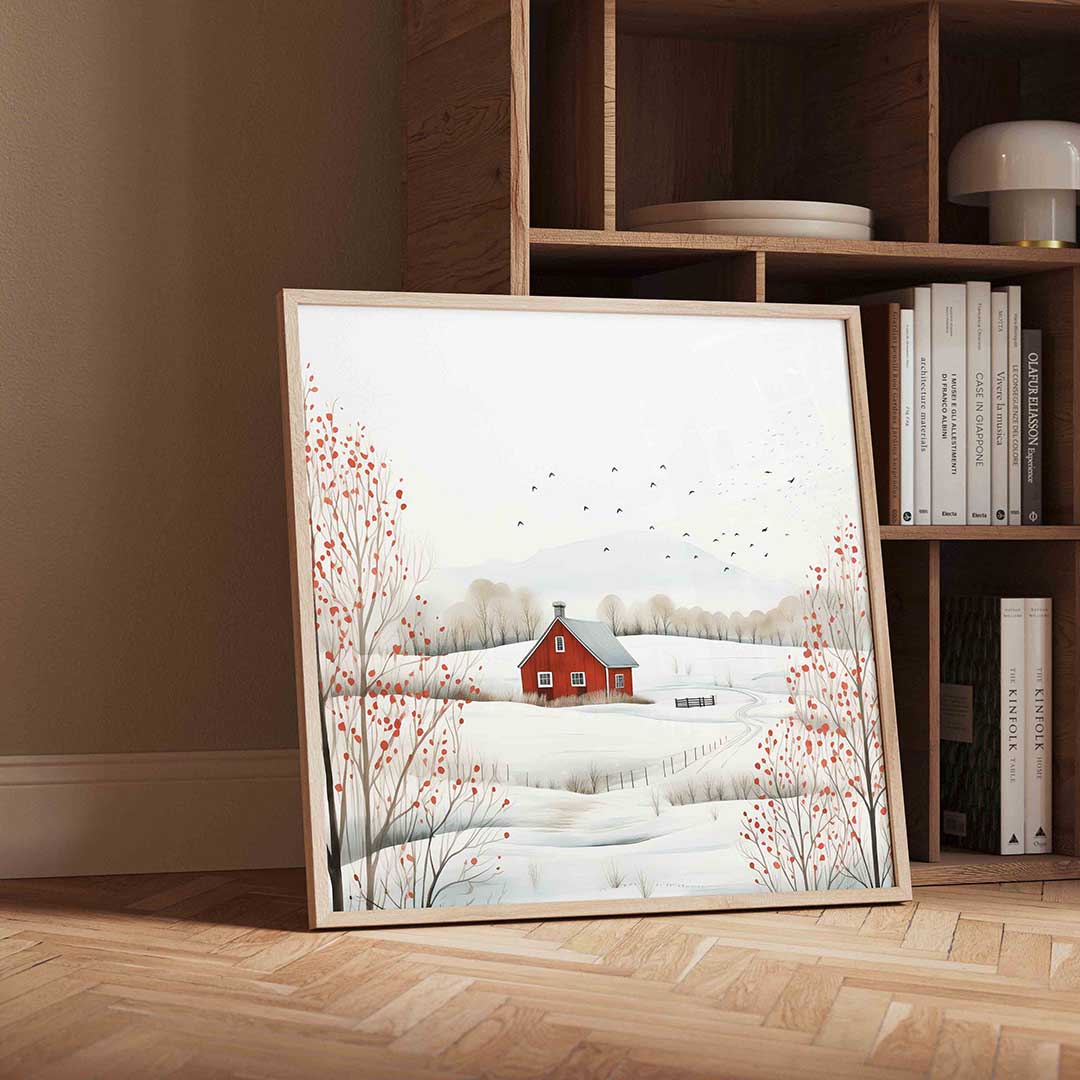 Landschap met rode schuur – vierkante kerst wanddecoratie van WallArtistic