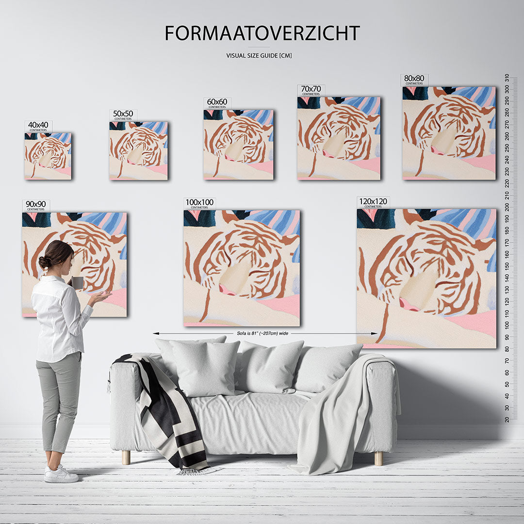 Dromerige tijger kunstwerk – dit werk toont een liggende tijger met zachte lijnen en kleuren. De compositie is harmonieus met