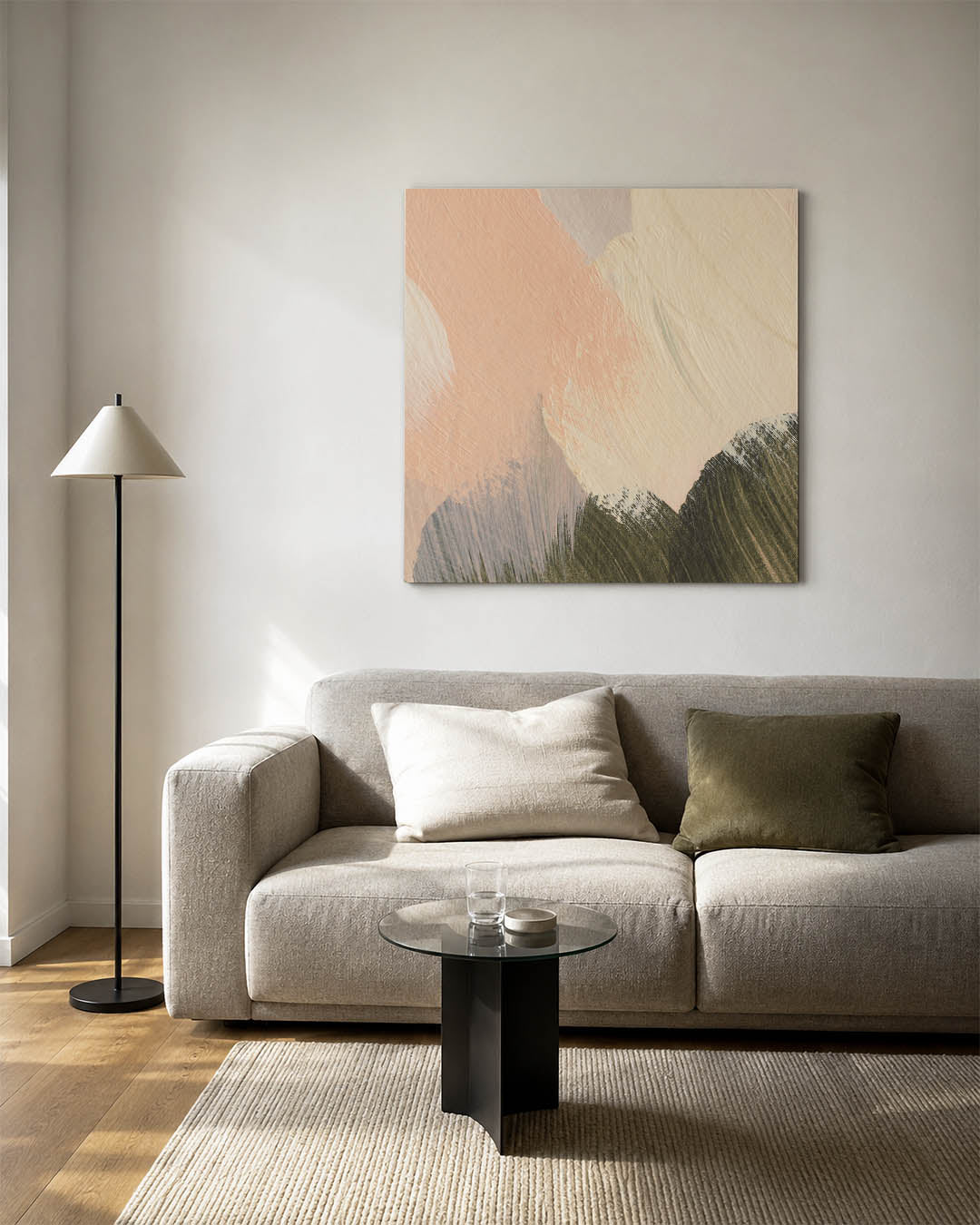 Kleurencompositie kunstwerk – detailweergave – dit werk toont vloeiende penseelstreken in zachte tinten, met een harmonieuze