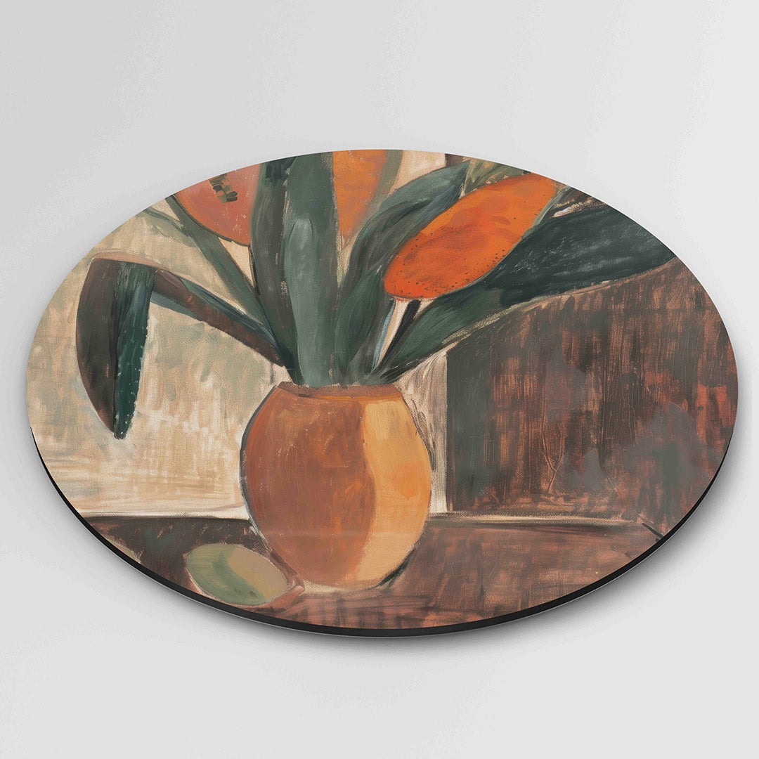 Oranje vaas met bladeren – kleurrijke wandkunst als muurcirkel