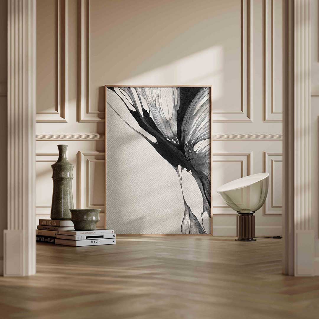 Abstracte zwart wit – staande abstracte wanddecoratie van WallArtistic