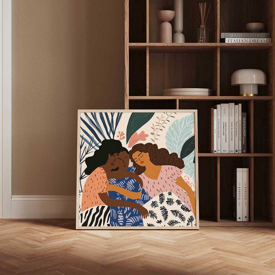 Drie figuren met bladeren – moderne poster in vierkant formaat