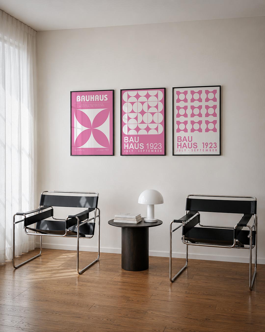Vormen en vlinders posterset – derde productweergave – deze posterset in drie delen toont een speelse combinatie van roze en