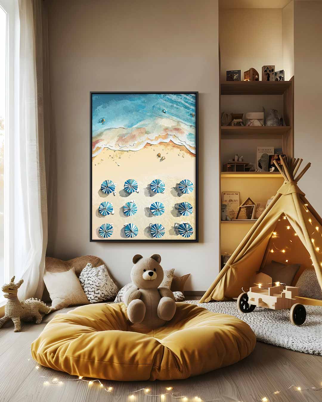 Zonnige Stranddag vanuit de Lucht – canvas wanddecoratie in portret formaat