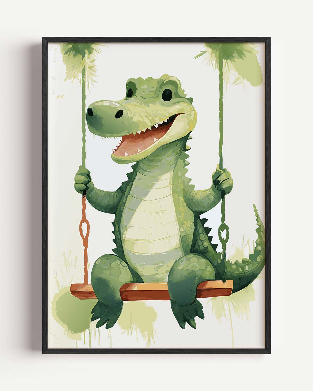 Krokodil op Schommel – kids portret poster als wanddecoratie