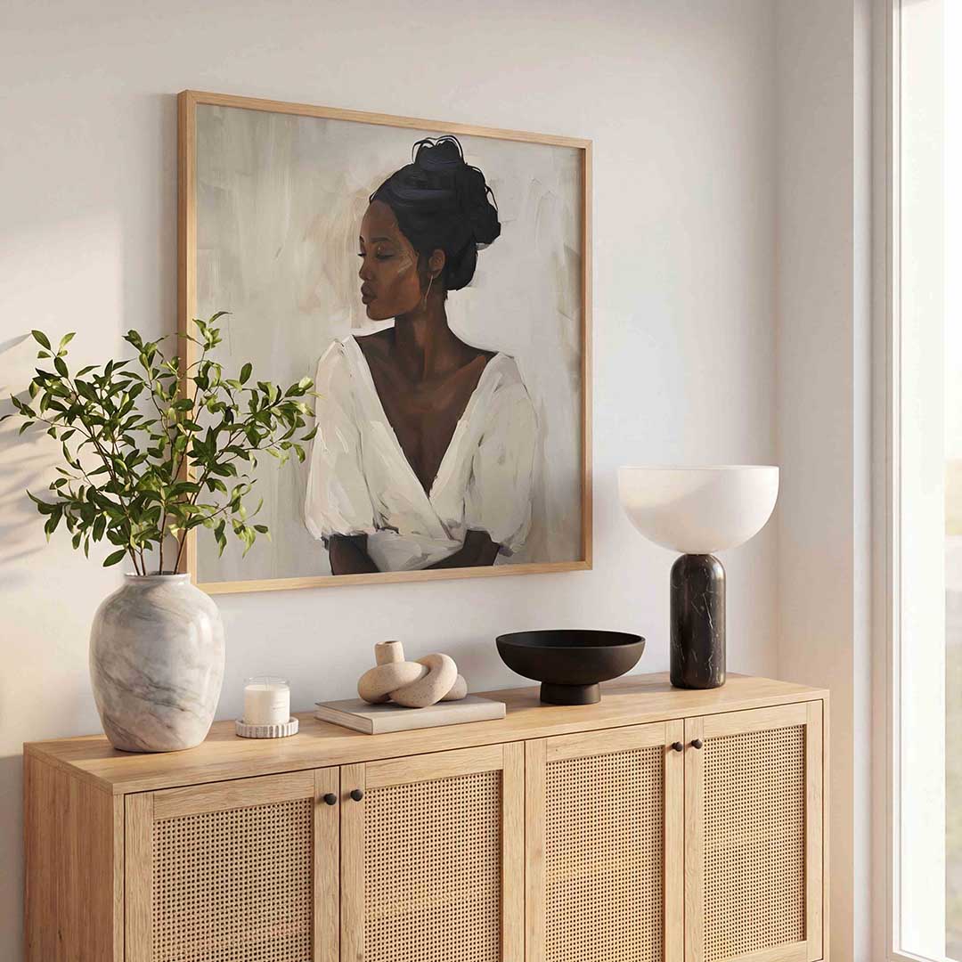Vrouw met opgestoken haar – kunst en design poster in vierkant formaat