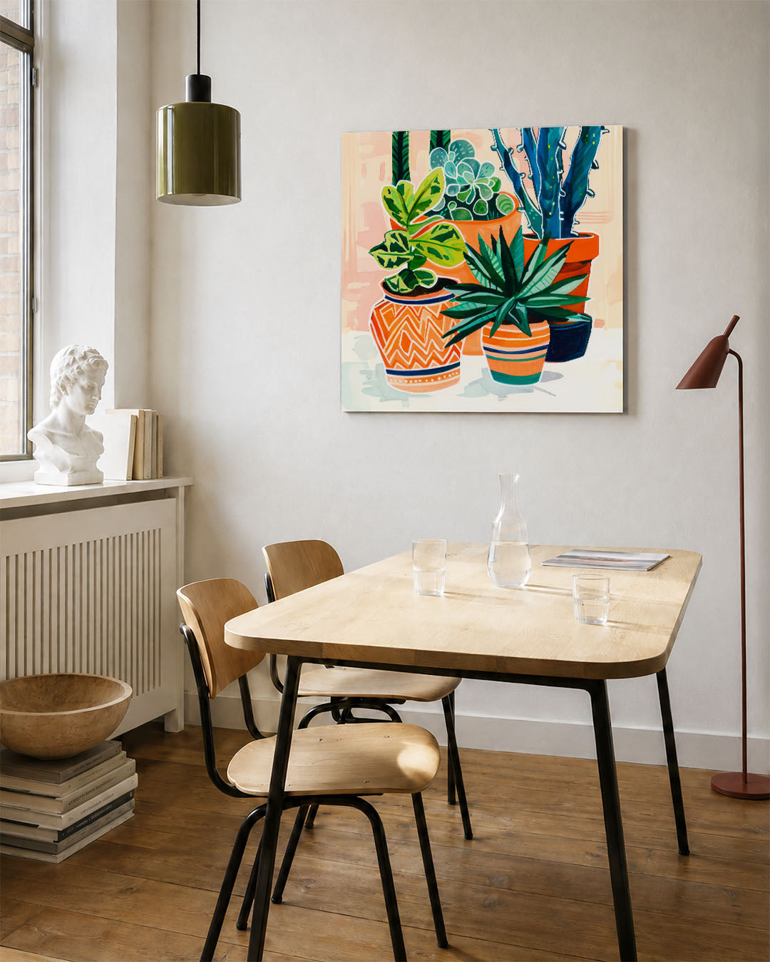 Levendige plantencompositie kunstwerk – vierkante wanddecoratie – dit werk toont een verzameling kleurrijke planten in