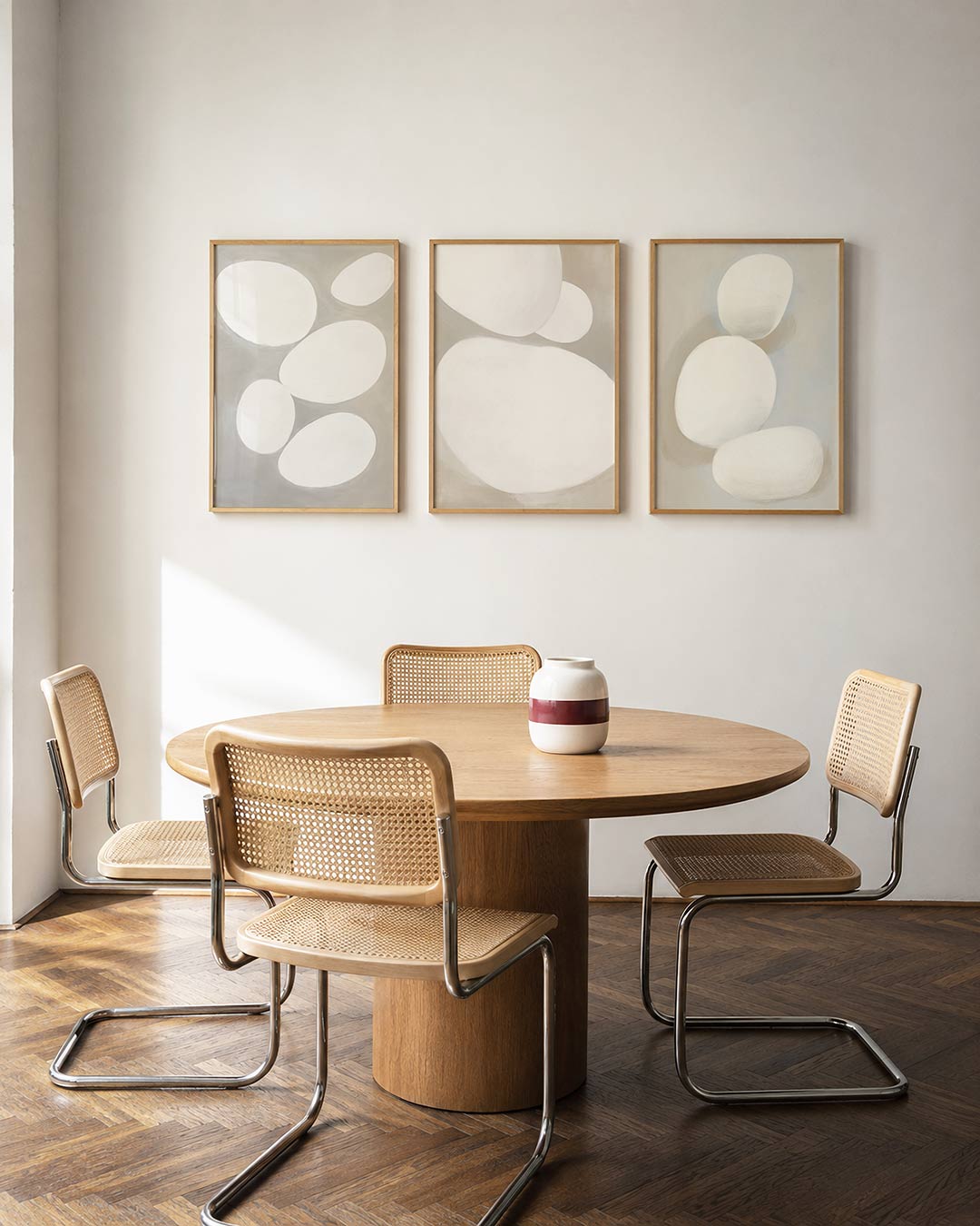 Vorm en vlucht – driedelige posterset in interieur
