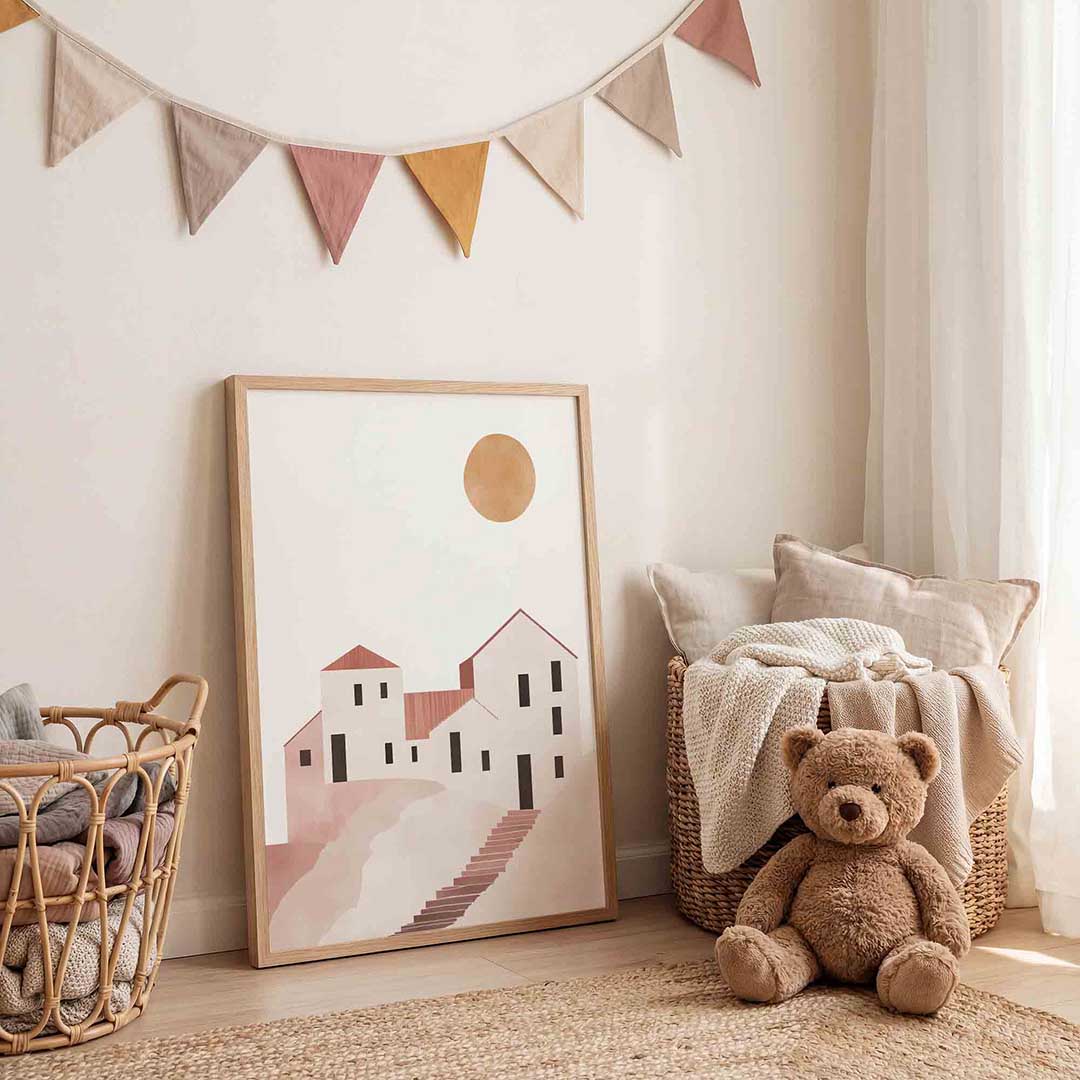 Minimalistische huizen – speelse wandkunst als portret kinderposter