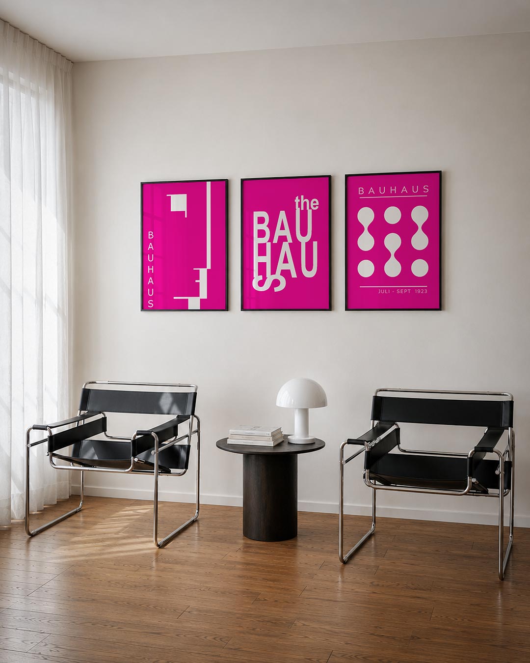 Kleur en lijnenspel posterset – tweede productweergave – deze posterset in drie delen toont een levendig roze vlak met witte