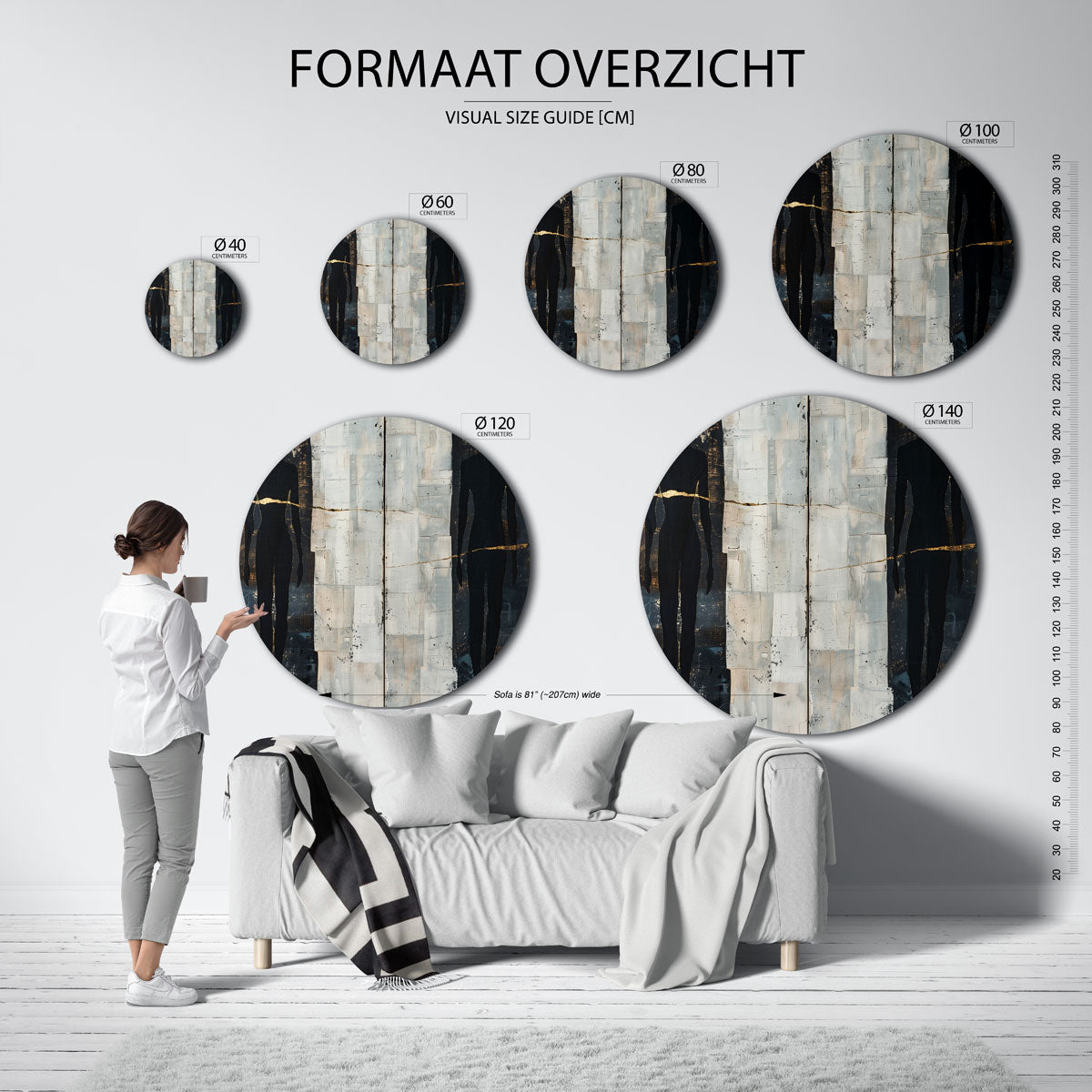 Silhouetten op tweekleurige – moderne ronde muurdecoratie met abstracte vormen